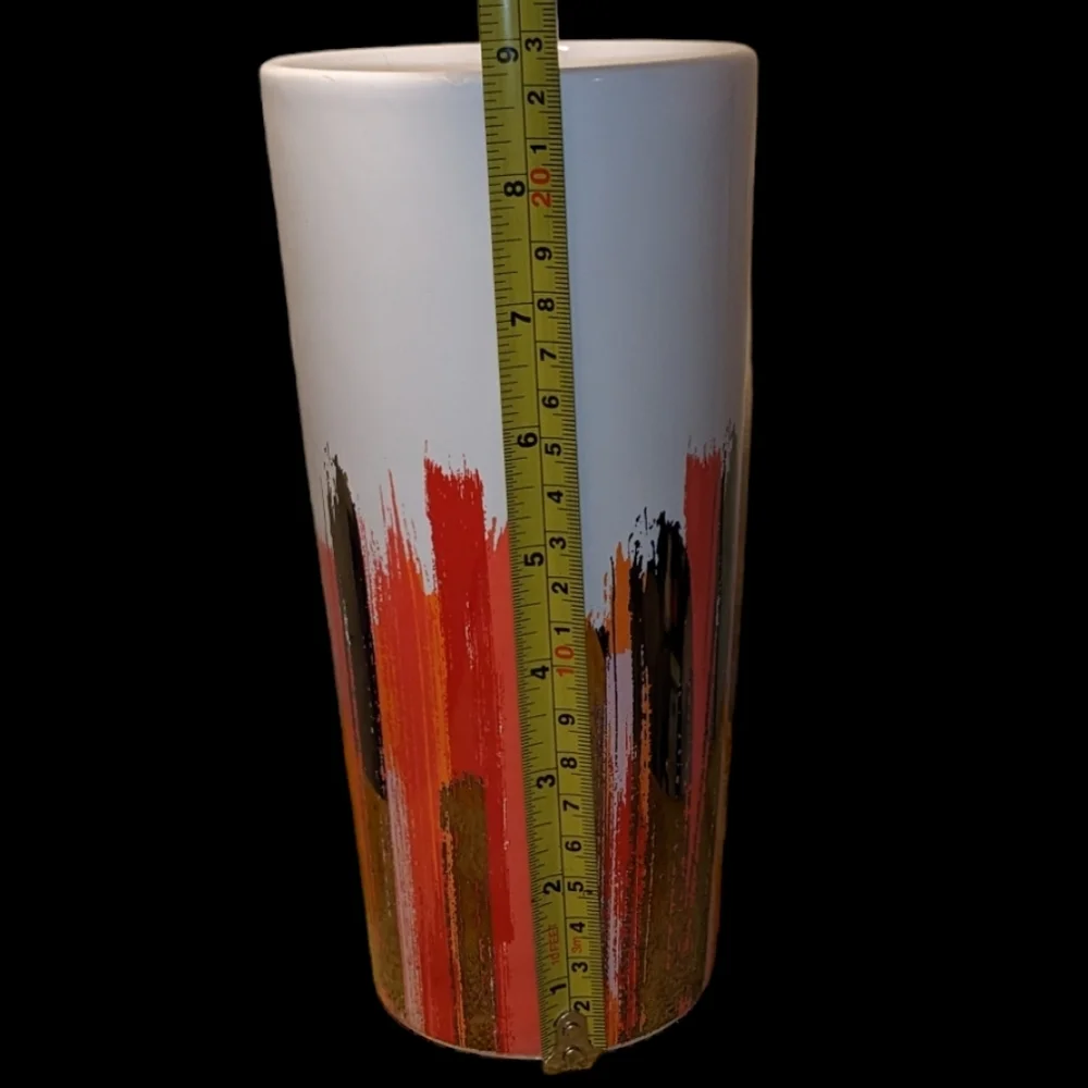 Burton & Burton Ceramic White Red Gold Orange Salmon Pink Tall Brush Stroke Vase
